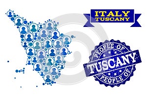 People Composition of Mosaic Map of Tuscany Region and Grunge Stamp