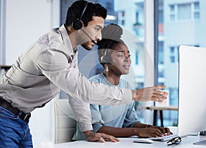 People, computer and microphone as employee at call center with customer or client support and service. Office, crm and