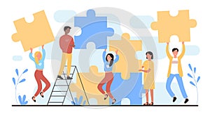 People connect puzzles, cartoon happy young team of characters connecting puzzle pieces together