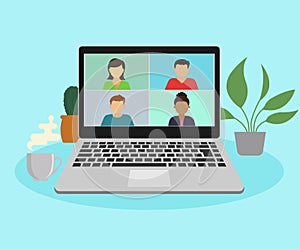 People connect together, study or meet online via teleconference, remote video conference work on a laptop computer