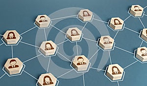 People are connected in a communication network. Corporate connection. Exchange of information and cooperation in the work process