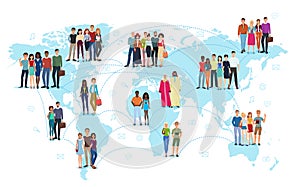 The people connected with lines standing on a world map vector illustration. Social media and social network concept.