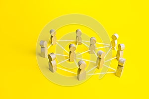 People connected by lines on a yellow background. Self-organized hierarchical business company system. Distribution