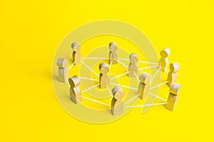 People connected by lines on a yellow background. Self-organized hierarchical business company system. Distribution photo