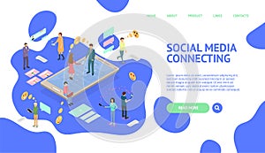 People Connecting Devices Concept Landing Web Page 3d Isometric View. Vector