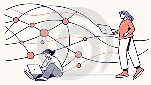 People connecting through a digital network with laptops, vector design Generative AI