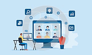 People connecting online with teleconference and video conference for meeting learning remote working and work from home concept