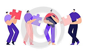 People connecting puzzle elements, business concept, team metaphor. Symbol of teamwork, cooperation, partnership. Flat vector