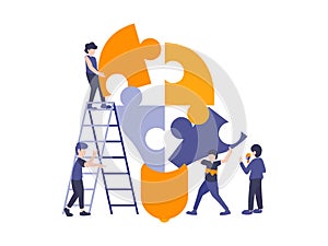 People connecting puzzle elements to build a light bulb. Vector illustration business concept. Team metaphor flat design style.