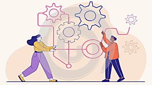 People constructing with gears, collective engineering, vector design Generative AI