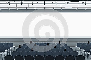 People in contemporary grey auditorium with seating and empty screen with mock up place for your advertisement. Show premiere and