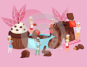 People cook chocolate, food recipe composition, professional bakery banner, desserts baking, cartoon style vector