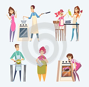 People cooking. Couples family preparing food at the kitchen serving dinner vector characters cartoon