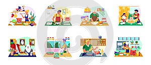 People cooking food vector illustration set, cartoon flat man woman hungry characters cook healthy meal in home kitchen