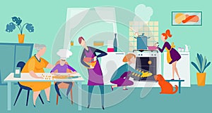 People cooking at home, family together at kitchen happy chef vector illustration. Mother and daughter baking in cooker.