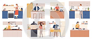 People cooking at home. Men and women preparing food in kitchen interior. Characters bake, fry and boil meal. Cartoon