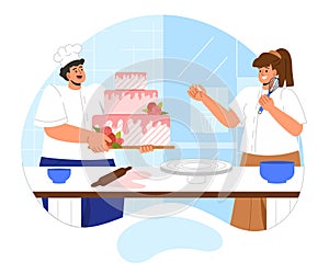 People cooks wedding cake vector concept