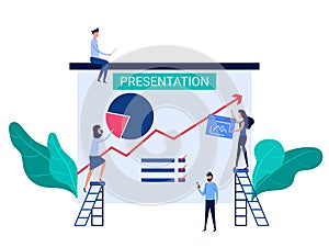 People cooperation prepare business presentation and online training increase sales and skills. Analysis company information