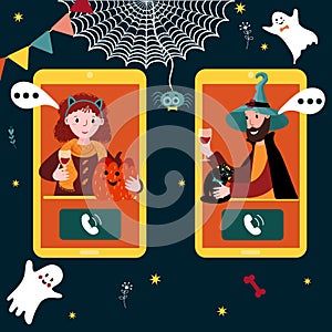 People in costume celebrate Halloween party online by the phone. Virtual holiday with video call. New normal during photo