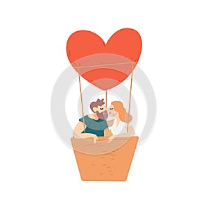 People, couple flying, heart-shaped hot air balloon. Man and woman cuddling, kiss, hug. Romantic date, relationship photo