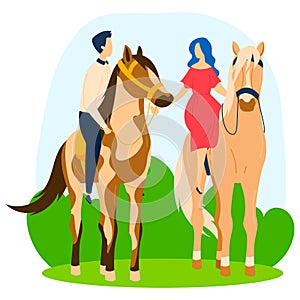 People couple at two horses, love walk at animal, vector illustration. Young male female person at saddle, riding at