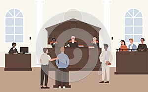 People in Court vector illustration, cartoon flat advocate barrister and accused character standing in front of judge