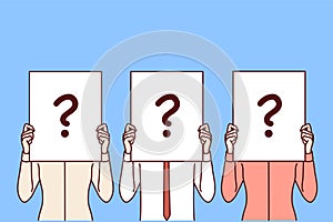 People cover faces with paper with question mark for recruitment business concept. Vector image