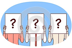 People cover faces with paper with question mark for recruitment business concept. Vector image