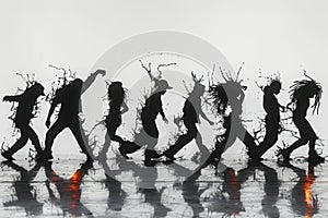 People covered in black paint dancing in a synchronized fashion against a white background.