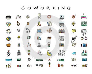 People in coworking office, icons set for your design