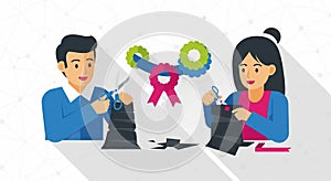 People crafting with scissors and decorations, creative activity