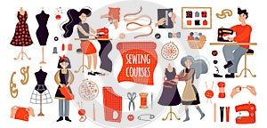 People create designer clothes with their own hands. Illustration for sewing courses, a training site, a poster with master