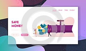 People Create Finance Capital, Wealth and Investment, Money Flow Landing Page Template. Tiny Characters Open Huge Pipe