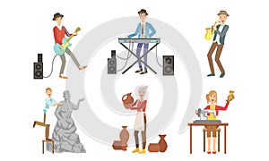 People of Creative Professions Set, Musicians with Musical Instruments, Sculptor, Ceramist, Seamstress Vector