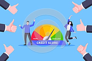 People beside credit score arrow gauge speedometer indicator with color levels.