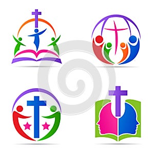 People cross logo bible family church religion symbol vector icon design.