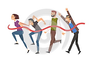 People Crossing the Finish Line, Professional Competition or Team Building Concept Vector Illustration