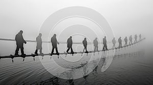 People crossing a misty bridge in a single file.