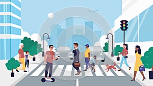 People crossing road vector illustration. Cartoon flat pedestrian character walking on zebra roadway crosswalk at