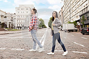 People crossing street. Traffic rules and regulations