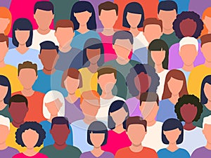 People crowd colorful pattern. Diverse multicultural group of people standing together seamless pattern.