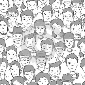 People crowd with many faces, human heads vector seamless background