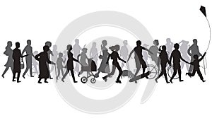 People crowd silhouette. Group of person with shadows walk. Family and children, couple together, bicycle vector