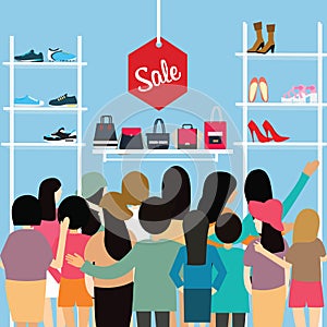 People crowd store sale discount shoe bag crowded shopping mall vector cartoon illustration