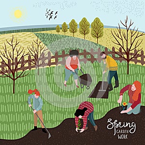 People cultivate the land with a rake and hoe for planting.Vector illustration in cute flat style