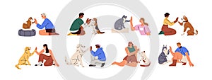 People and cute animals, cats and dogs, giving high five set. Pet owners and companion puppies, kitties friends greeting