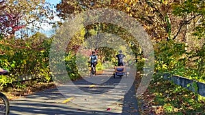 People cycling, jogging and walking in autumn bikeway