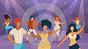 People dance floor. Happy women and men dancing on disco party. Cartoon dancers in nightclub concert. Music fun night in club