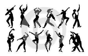 People dance silhouettes. Party person shadows. Disco crowd dancers. Happy man and woman black figures. Music concert