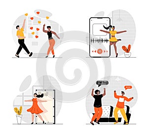 People dancing concept with character set. Collection of scenes men and women dance in discotheques and home, learning new moves
